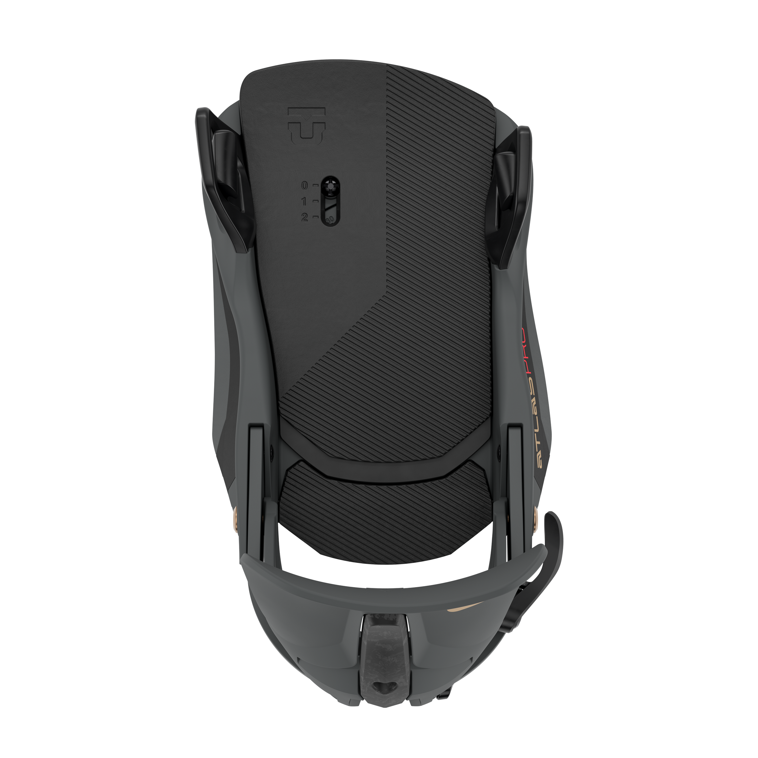 Men's Step On snowboard binding back view in dark color with textured high back panel