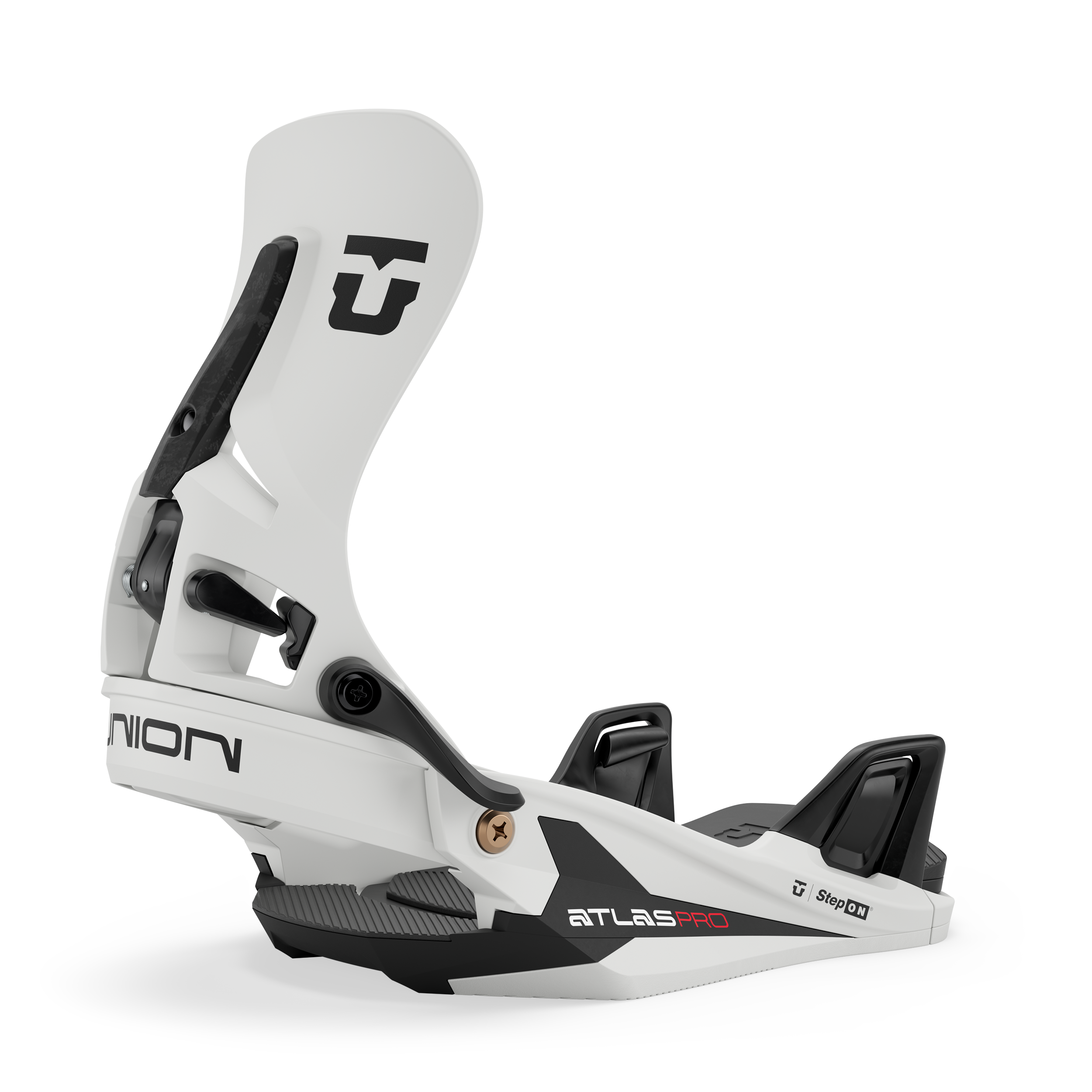 Men's Step On snowboard binding side view in light color with black toe and heel straps