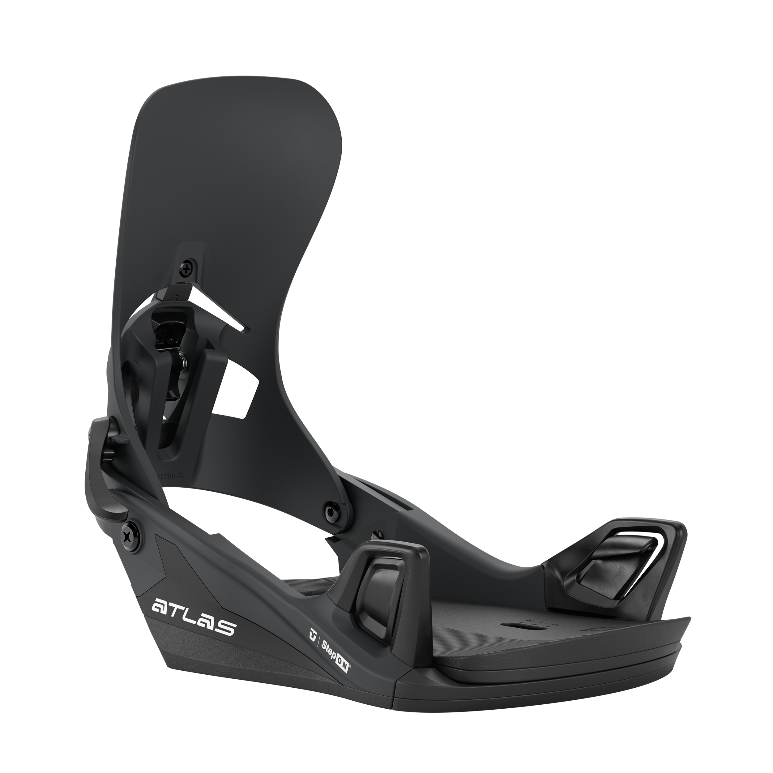 Black snowboard binding side view with adjustable heel cup and ankle strap