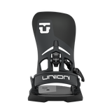 Black snowboard binding front view with UNION strap and padded highback