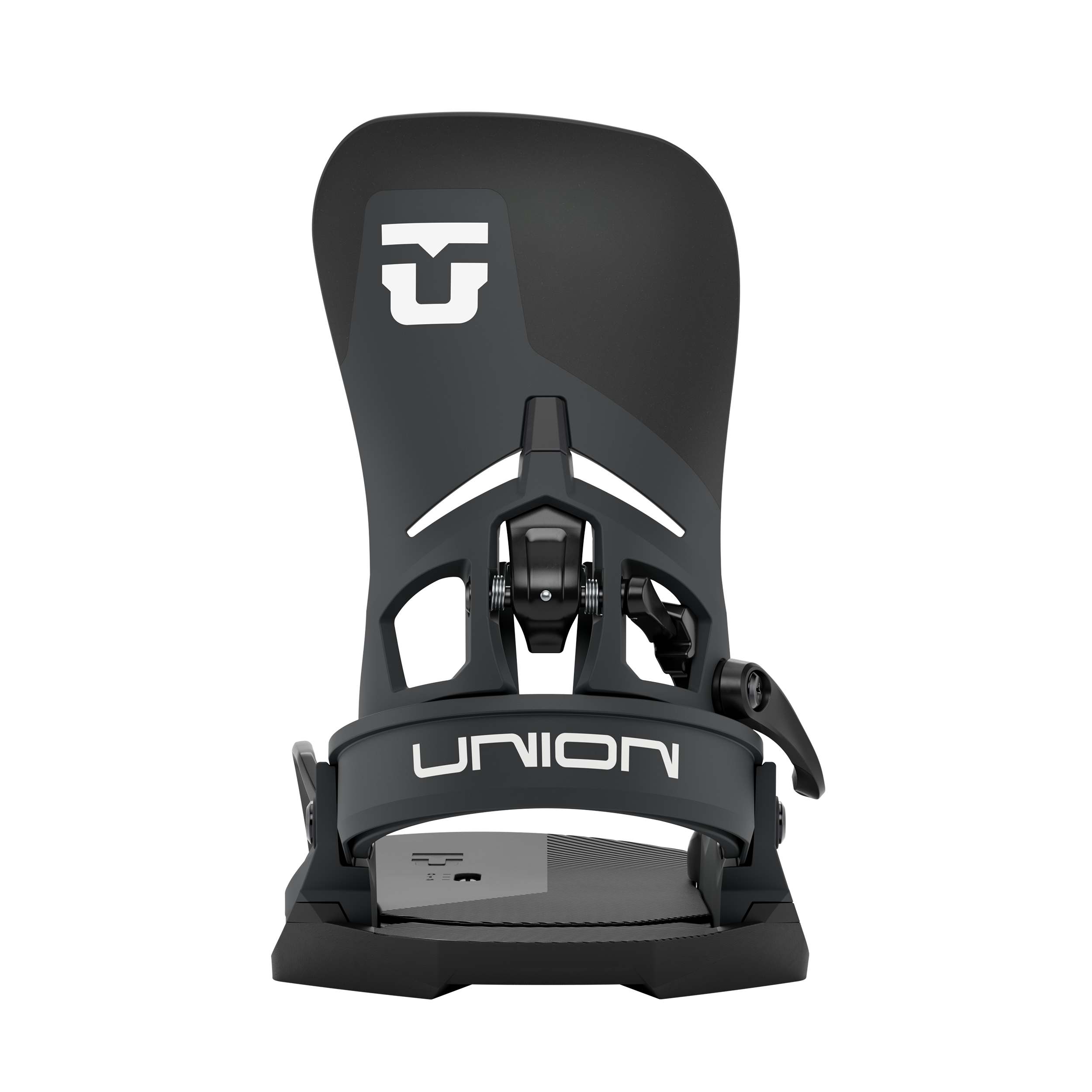 Black snowboard binding front view with UNION strap and padded highback