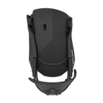 Black snowboard binding rear view with adjustable lever and highback padding