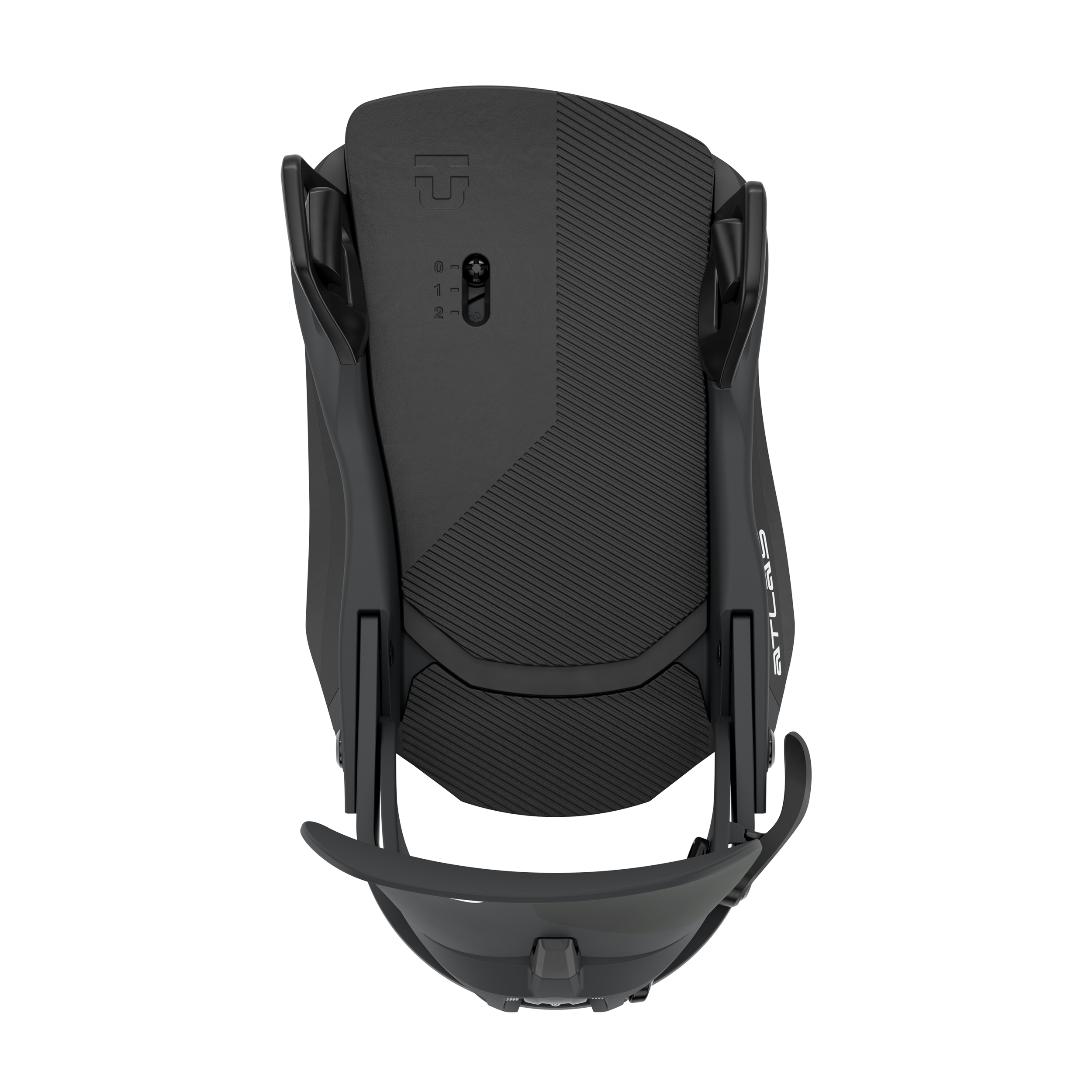 Black snowboard binding rear view with adjustable lever and highback padding