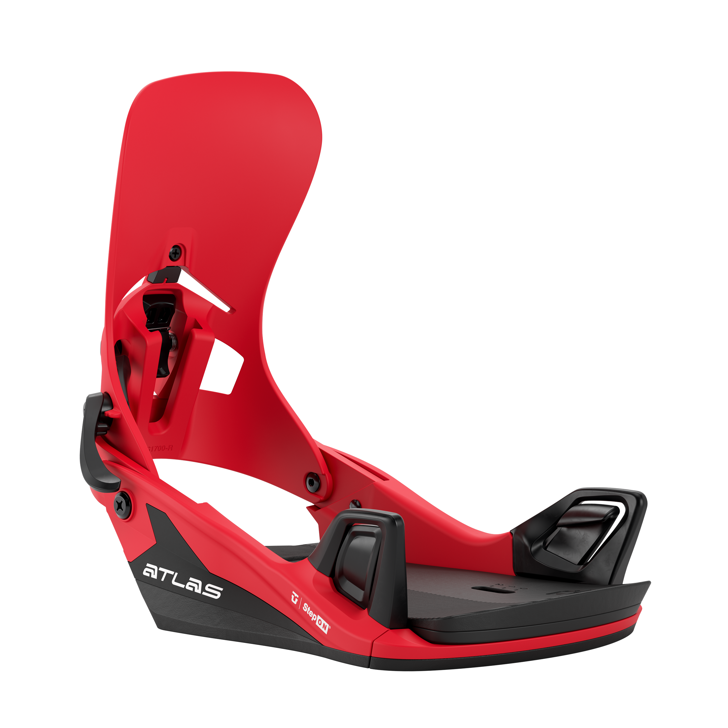 Red step-on snowboard binding with black heel cup and front strap