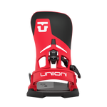 Red step-on snowboard binding front view with UNION logo and black footbed