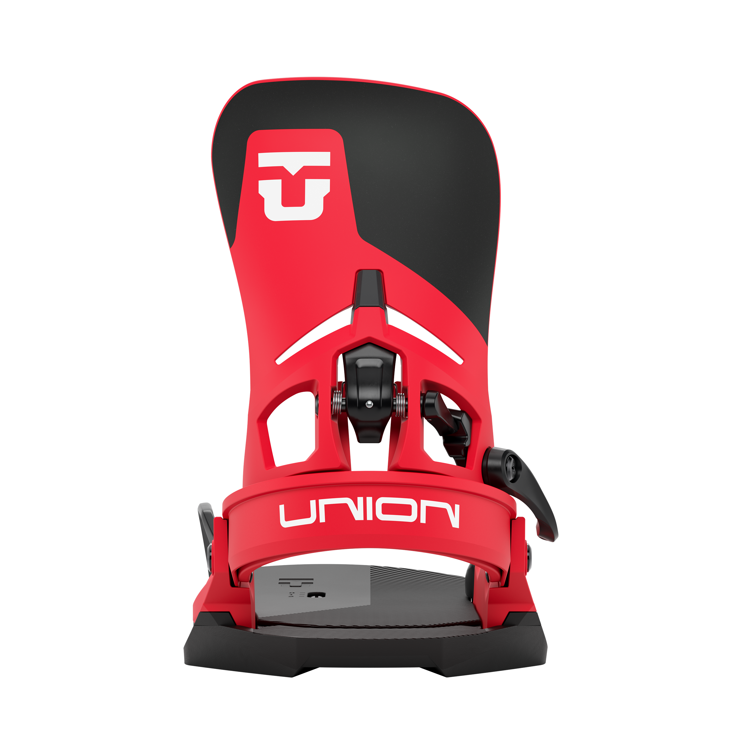 Red step-on snowboard binding front view with UNION logo and black footbed