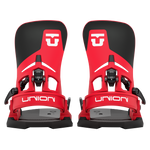 Pair of red step-on snowboard bindings showing two highbacks and black straps