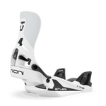 White step-on men's snowboard binding with black base and adjustable front straps