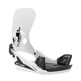 White step-on snowboard binding with black heel cup and front strap