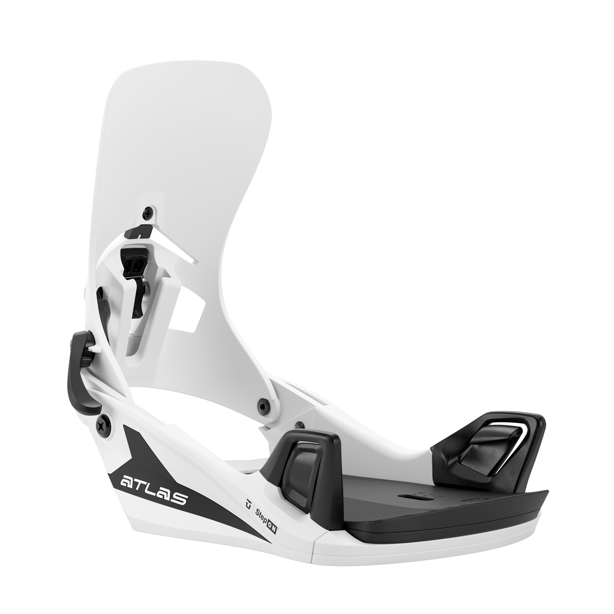 White step-on snowboard binding with black heel cup and front strap