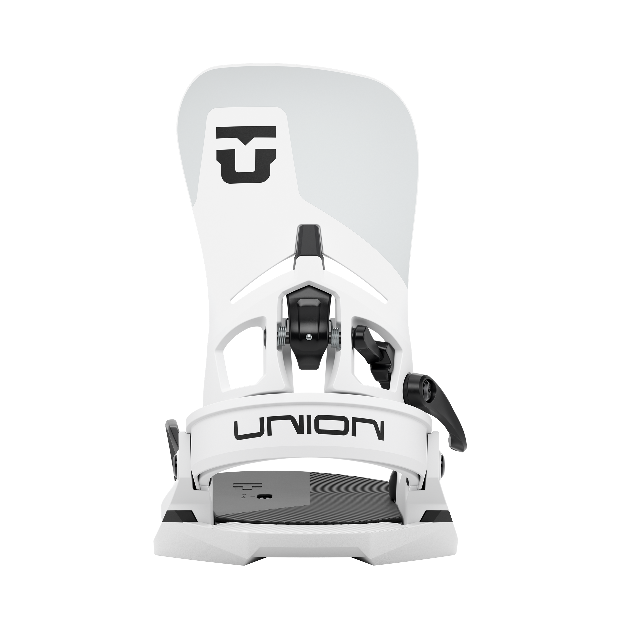 White step-on snowboard binding front view with UNION logo and black footbed