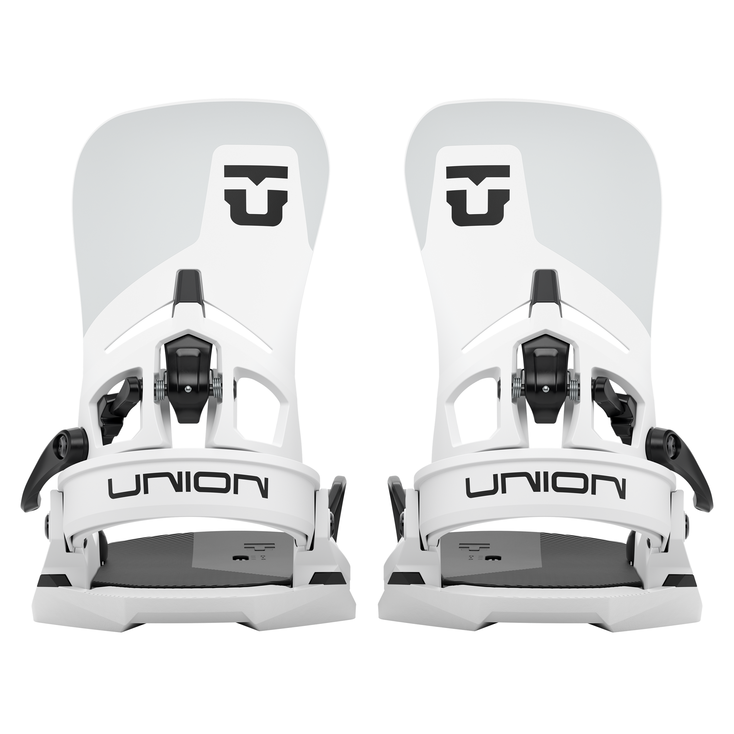 Pair of white step-on snowboard bindings showing two highbacks and black straps