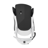 White step-on snowboard binding underside with black grippy footbed and strap hardware