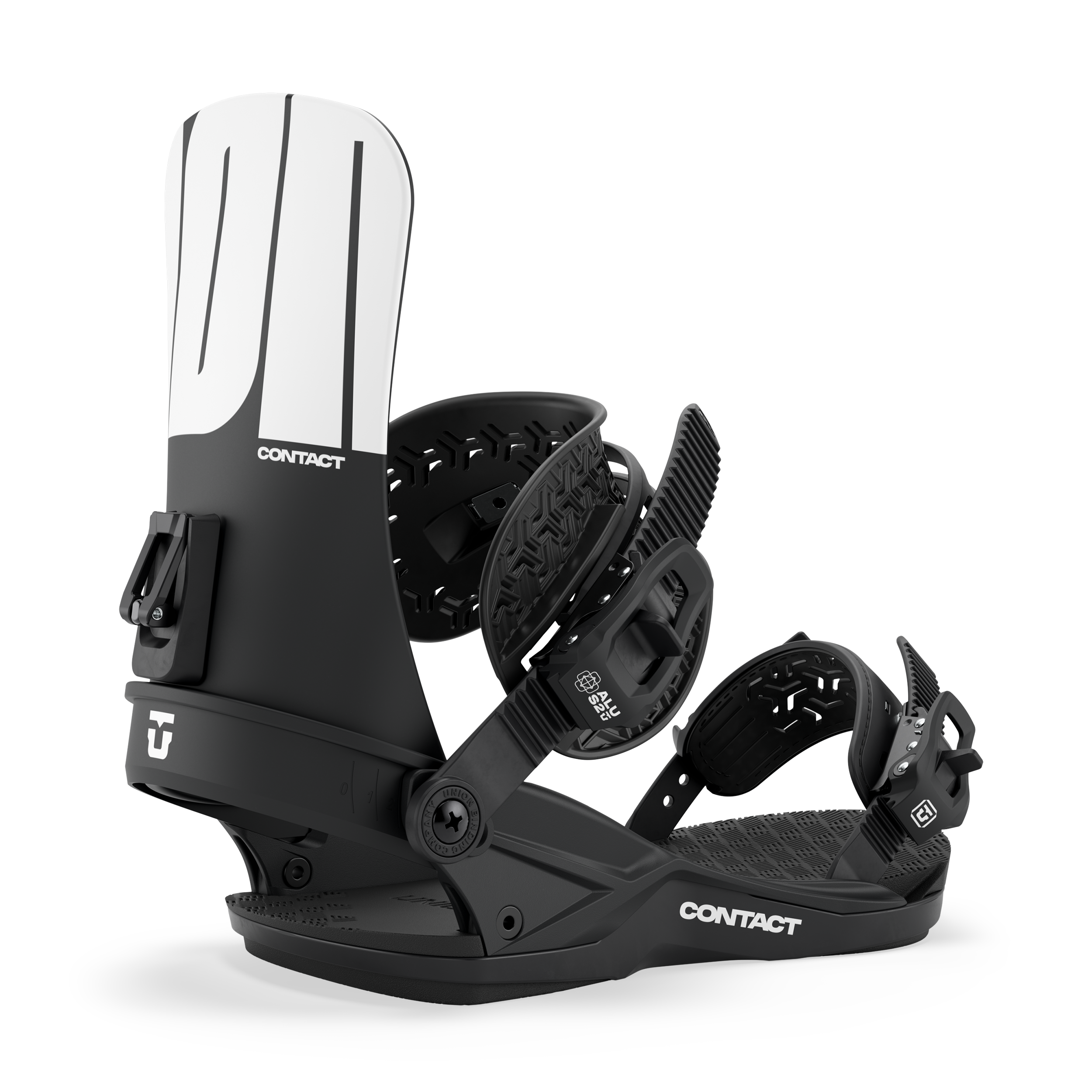 Men's snowboard binding, black base with white highback and black toe/heel straps
