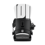 Men's snowboard binding, white highback with black base strap and front adjuster