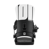 Men's snowboard binding, white highback with black base strap and front adjuster