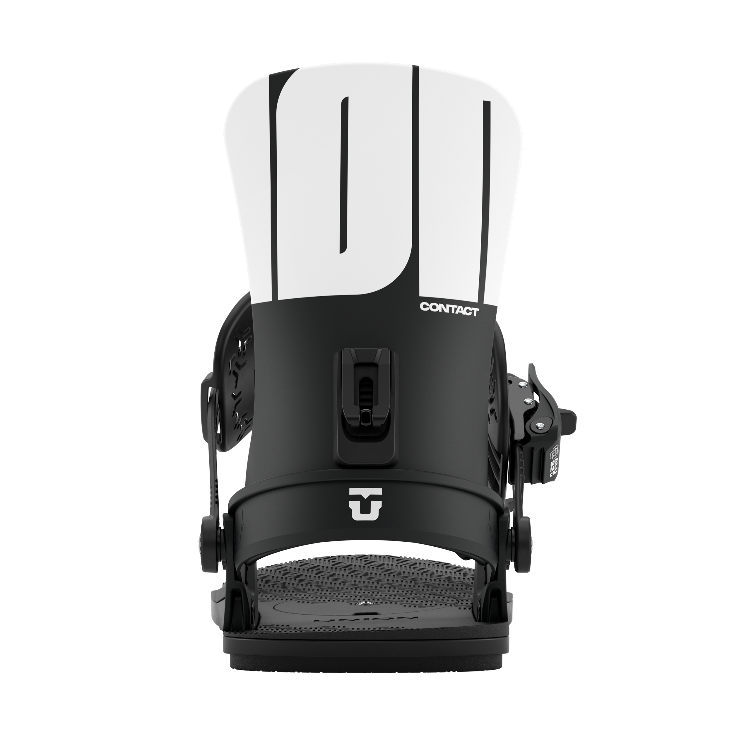 Men's snowboard binding, white highback with black base strap and front adjuster