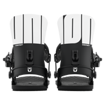 Men's black-and-white snowboard bindings with adjustable strap and highback