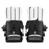 Men's black-and-white snowboard bindings with adjustable strap and highback