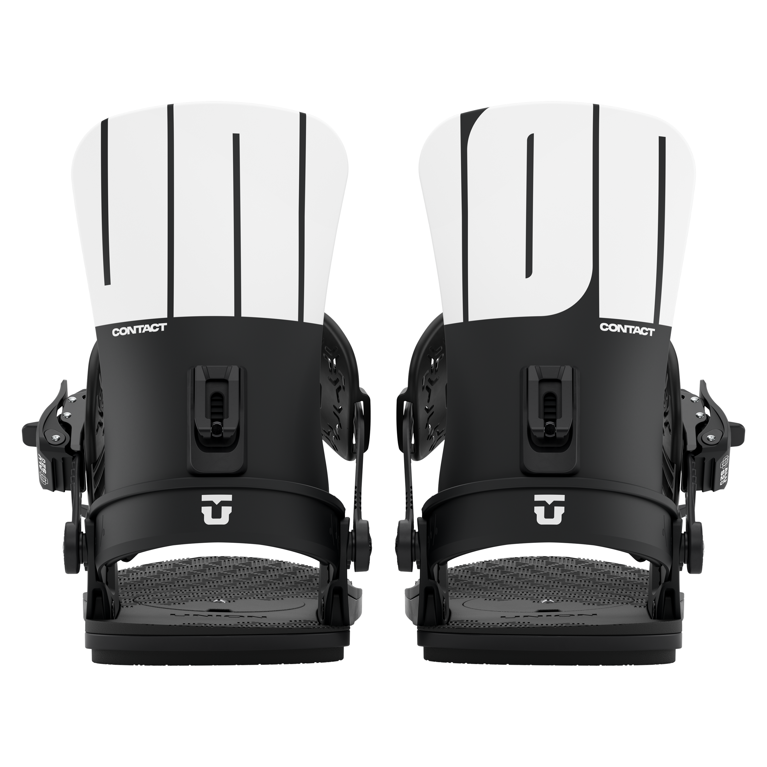 Men's black-and-white snowboard bindings with adjustable strap and highback