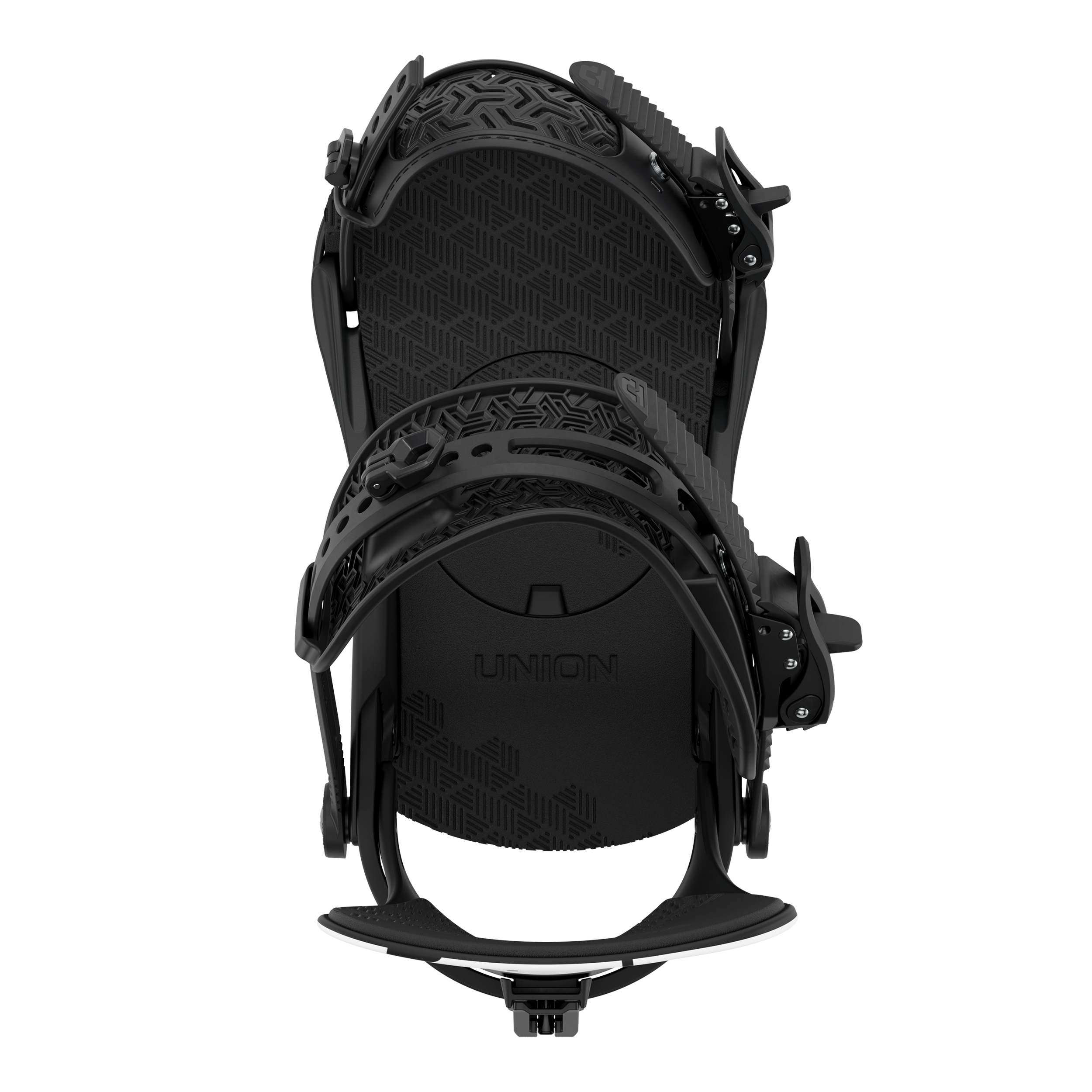 Men's all-black snowboard bindings with textured footbed and highback