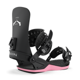 Men's black snowboard bindings with pink base, straps, and textured footbed
