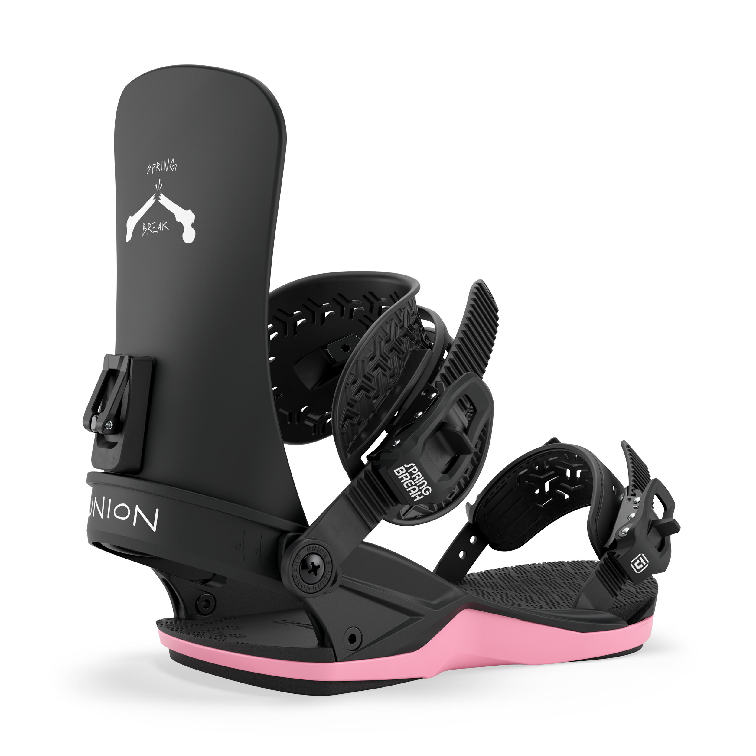 Men's black snowboard bindings with pink base, straps, and textured footbed