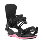 Men's black snowboard bindings with pink shock-absorbing base and strap set
