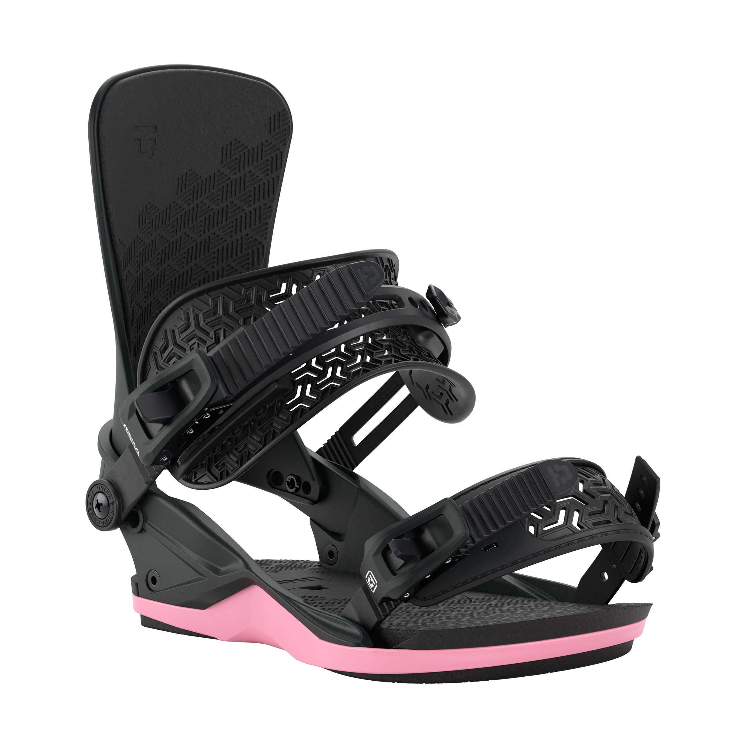 Men's black snowboard bindings with pink shock-absorbing base and strap set