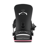 Men's black snowboard bindings with UNION logo, rear highback pad, and pink base