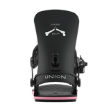 Men's black snowboard bindings with UNION logo, rear highback pad, and pink base