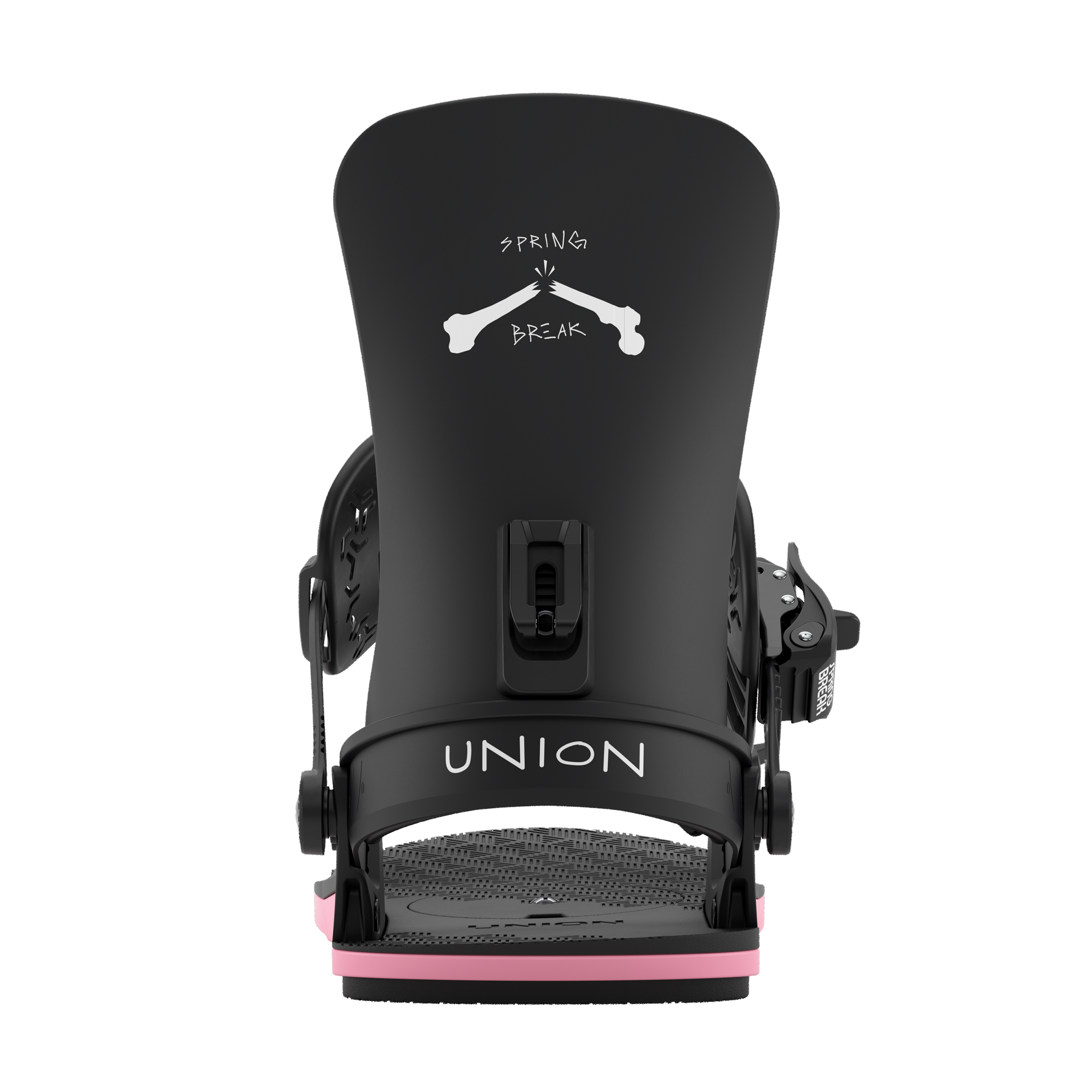 Men's black snowboard bindings with UNION logo, rear highback pad, and pink base