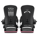 Men's snowboard binding, dark mounting plates with pink base accents
