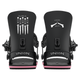Men's snowboard binding, dark mounting plates with pink base accents