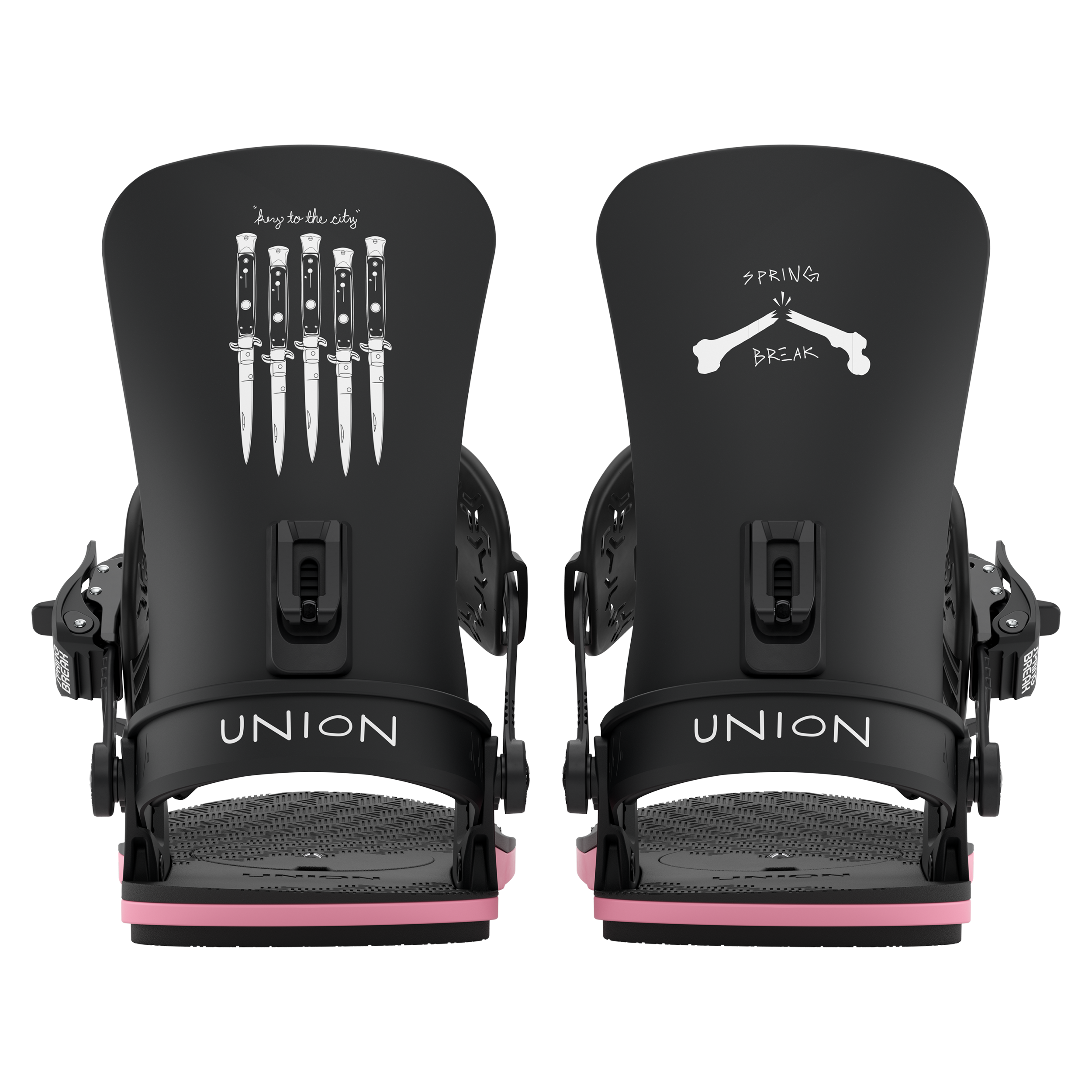 Men's snowboard binding, dark mounting plates with pink base accents