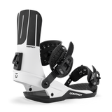 Men's snowboard binding, white highback with black straps and cushioned base