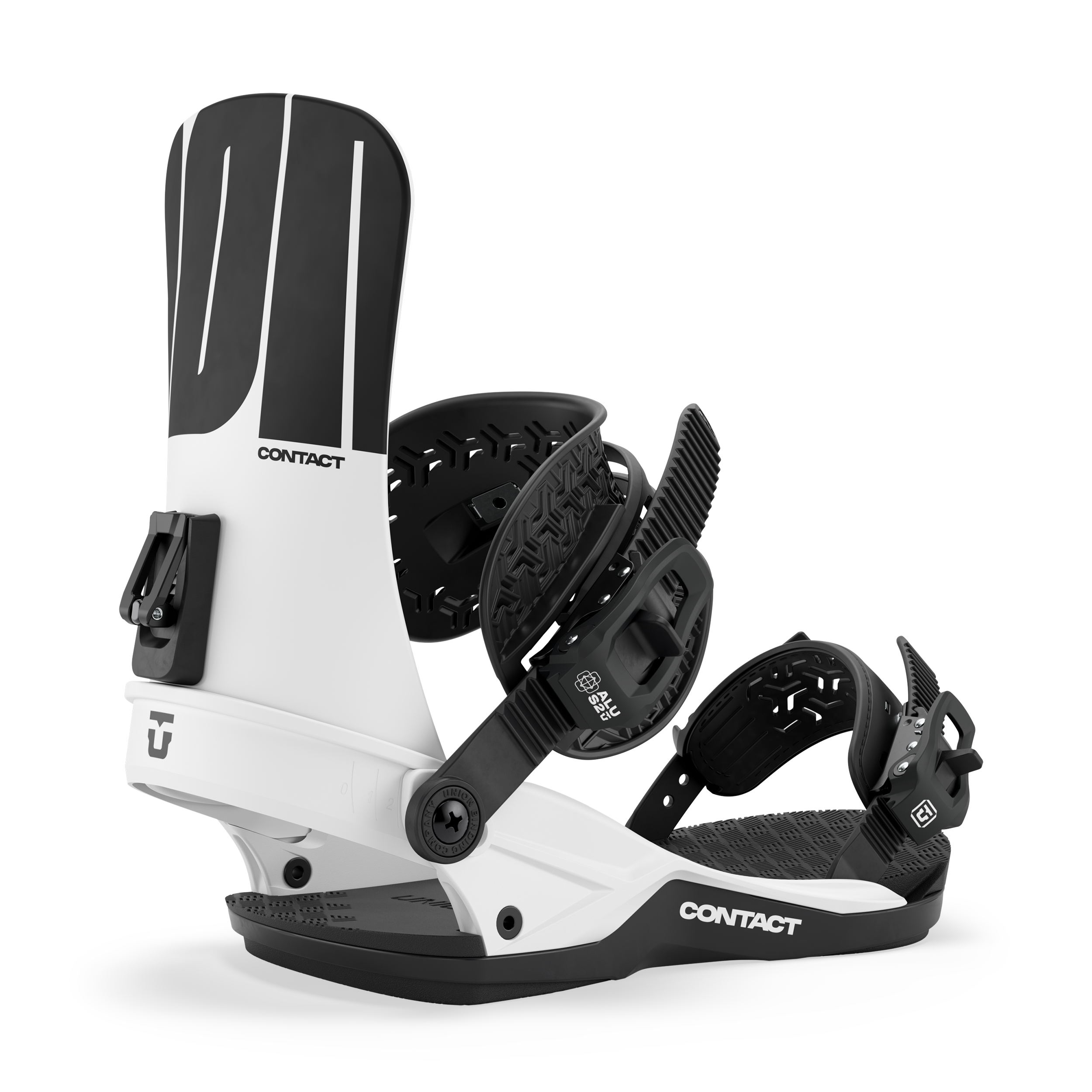 Men's snowboard binding, white highback with black straps and cushioned base