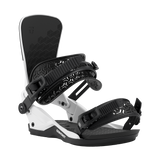 Men's snowboard binding, white frame with black heel strap and textured footbed