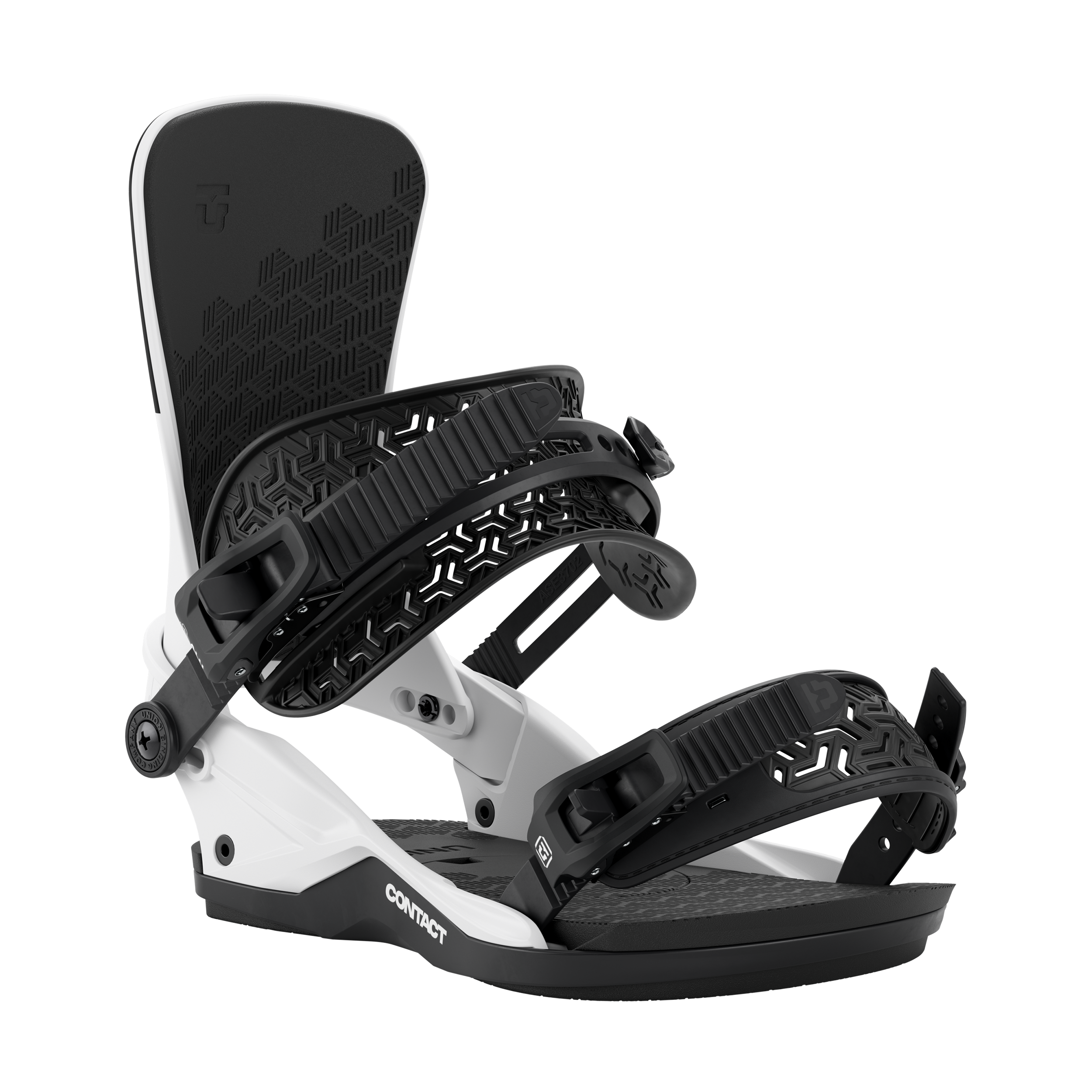 Men's snowboard binding, white frame with black heel strap and textured footbed