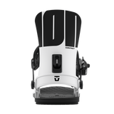 Men's snowboard binding, white highback and black front adjuster with straps