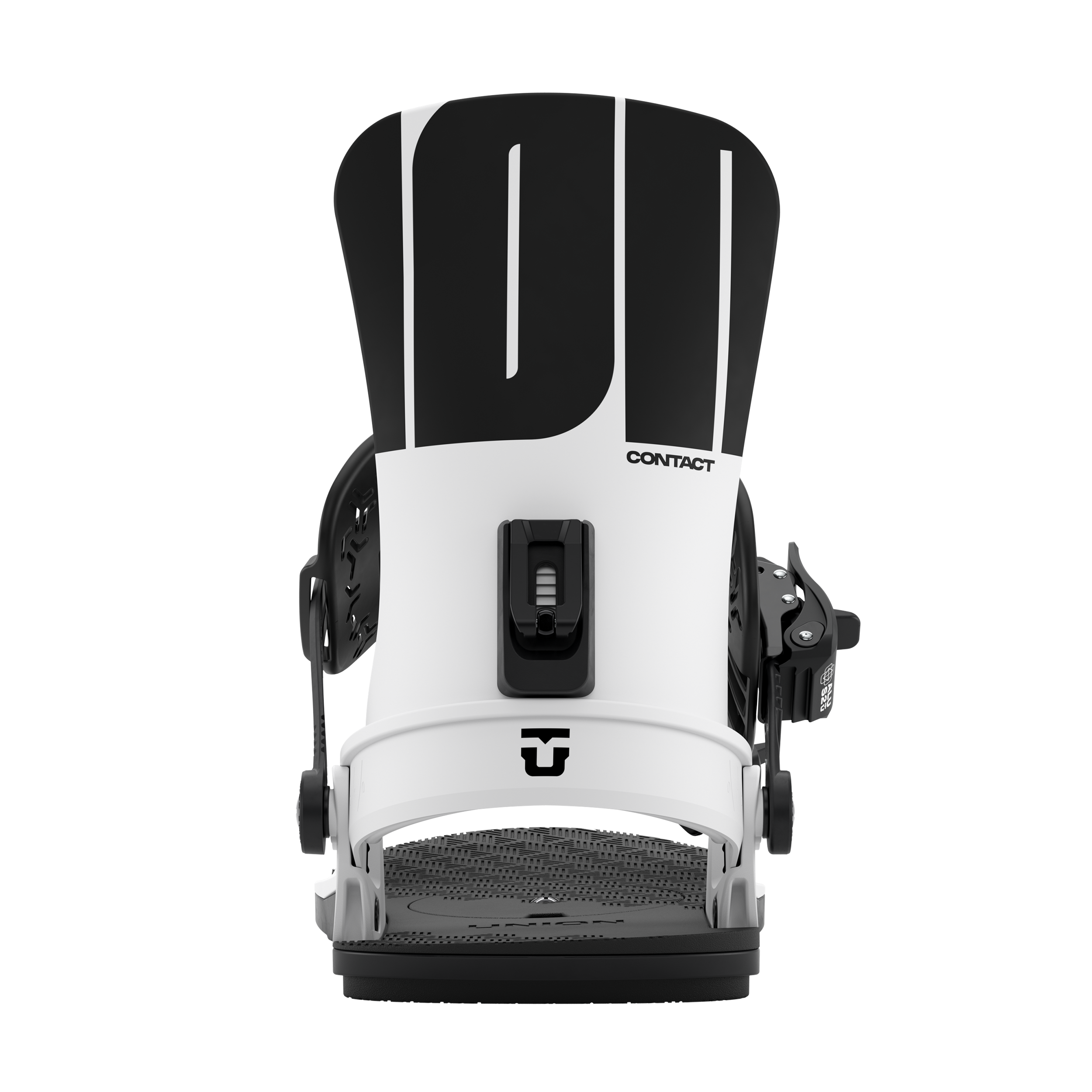 Men's snowboard binding, white highback and black front adjuster with straps