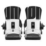 Pair of men's snowboard bindings, white highbacks with black mounting hardware
