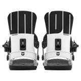 Pair of men's snowboard bindings, white highbacks with black mounting hardware
