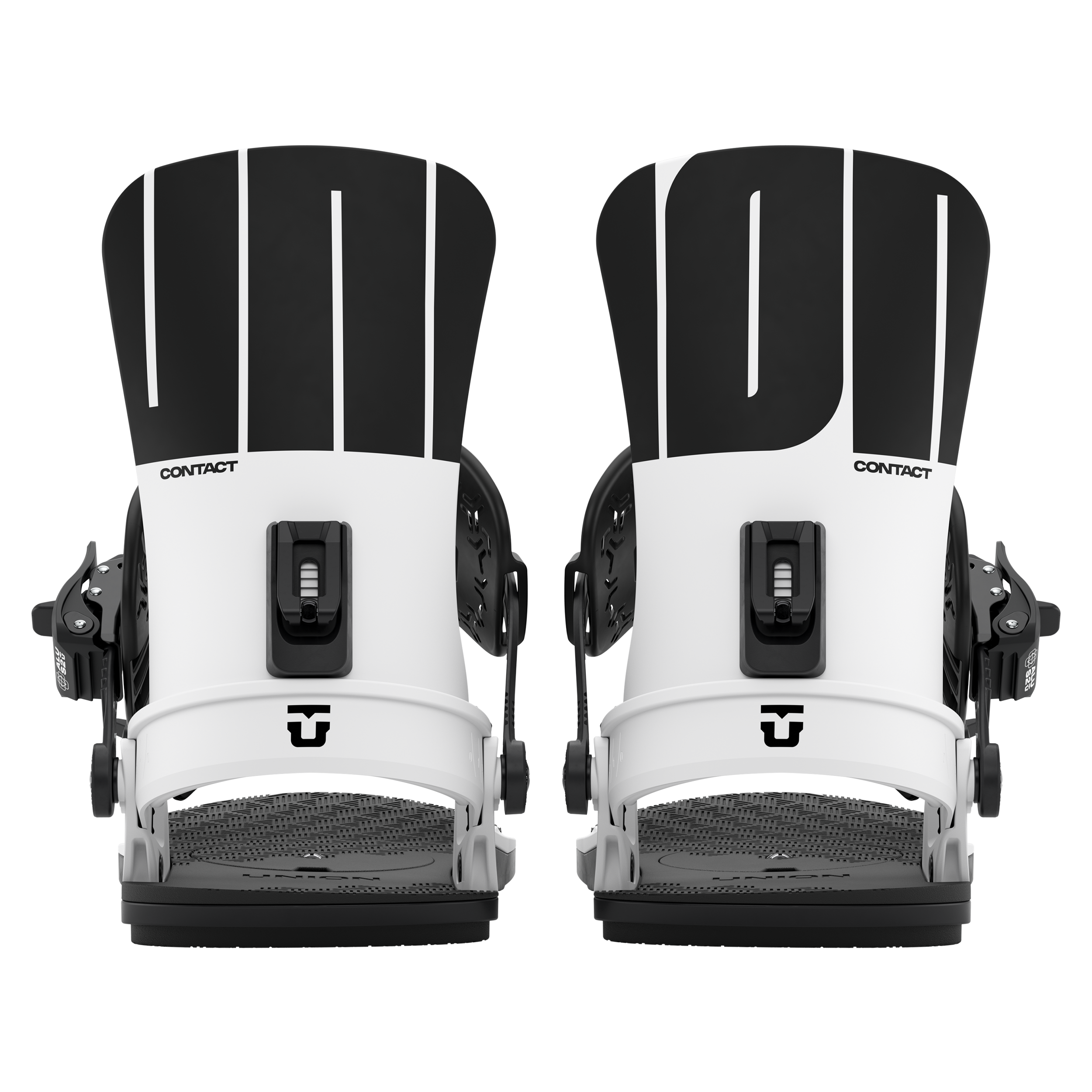 Pair of men's snowboard bindings, white highbacks with black mounting hardware
