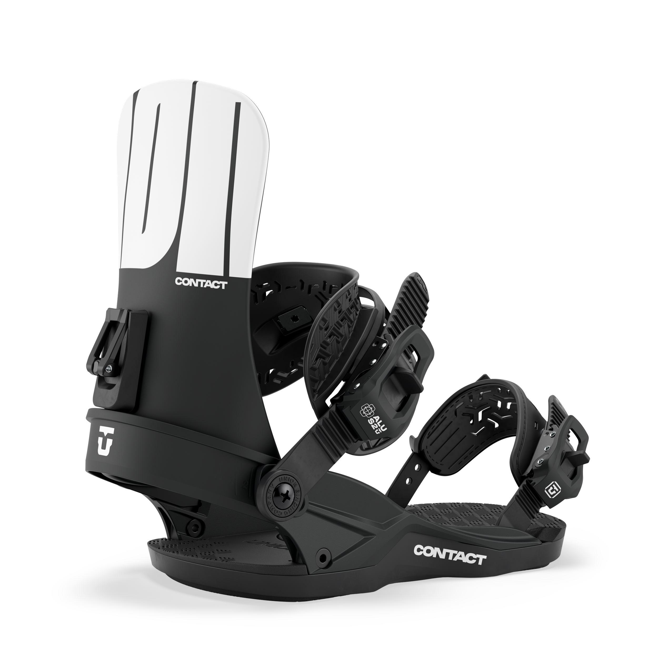 Women’s snowboard binding in black with textured straps and CONTACT branding