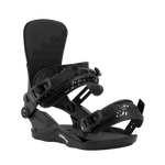 Women’s snowboard binding in dark gray-black, angled view of footbed and straps