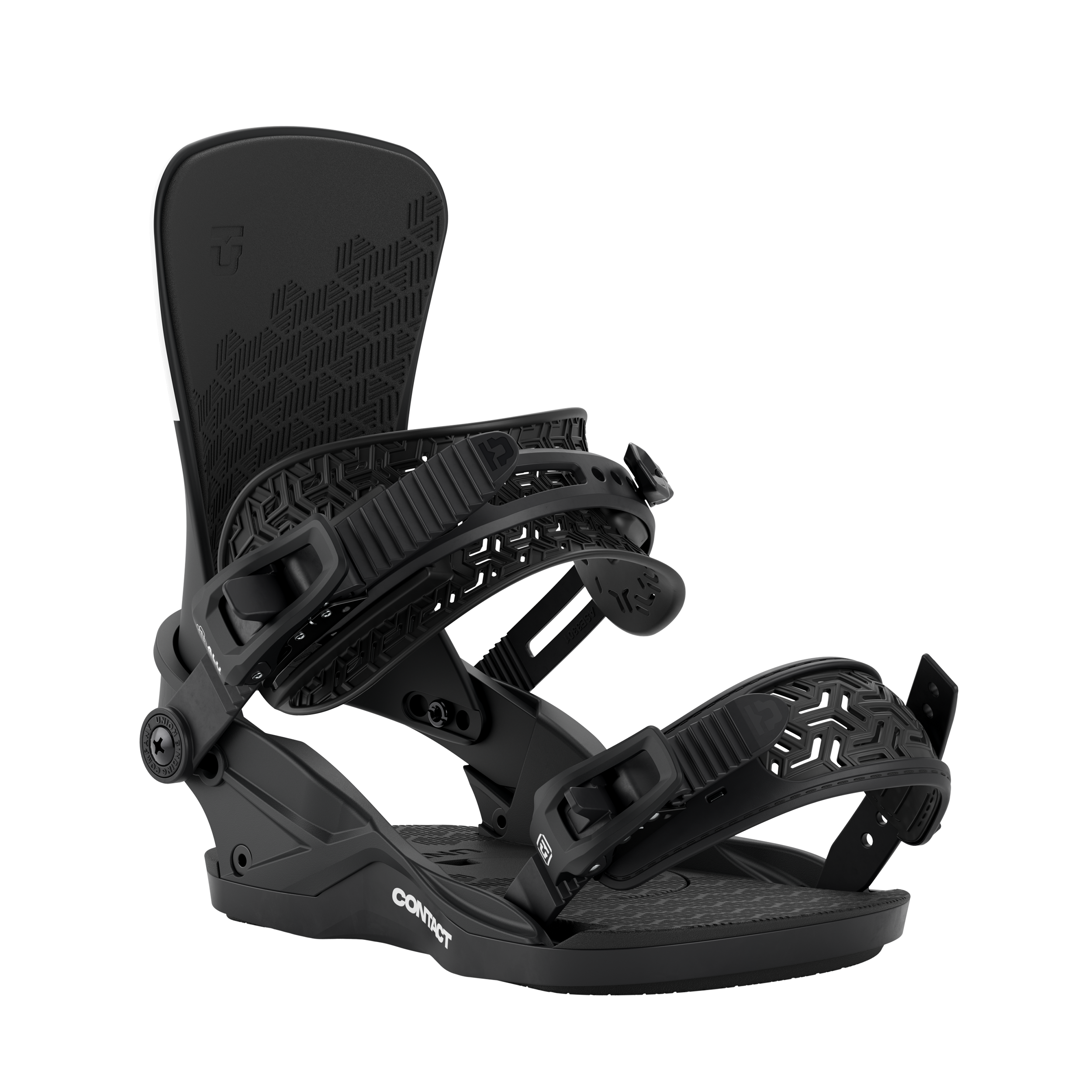 Women’s snowboard binding in dark gray-black, angled view of footbed and straps