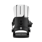 Women’s snowboard binding in black with white stripe highback and front plate