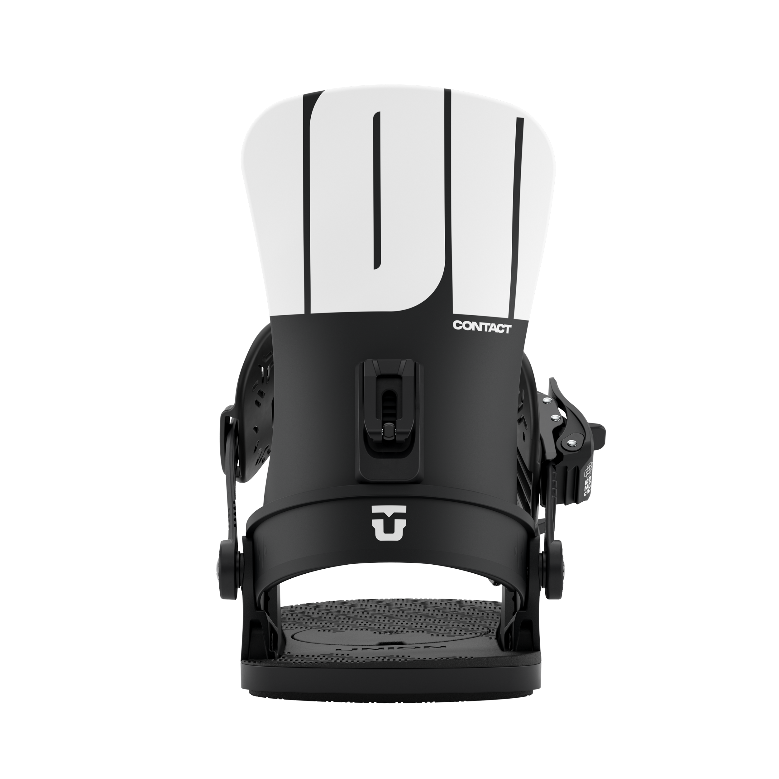 Women’s snowboard binding in black with white stripe highback and front plate