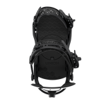 Black snowboard binding with textured footbed and highback adjustment straps